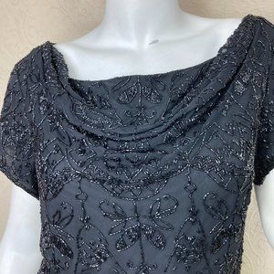 Paradise NY Vintage Silk Black Beaded Drape Front Short Sleeve Blouse XL